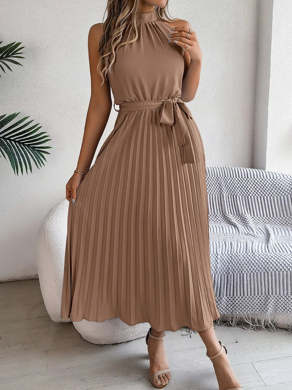 Grecian Neck Tie Waist Pleated Dress (18)