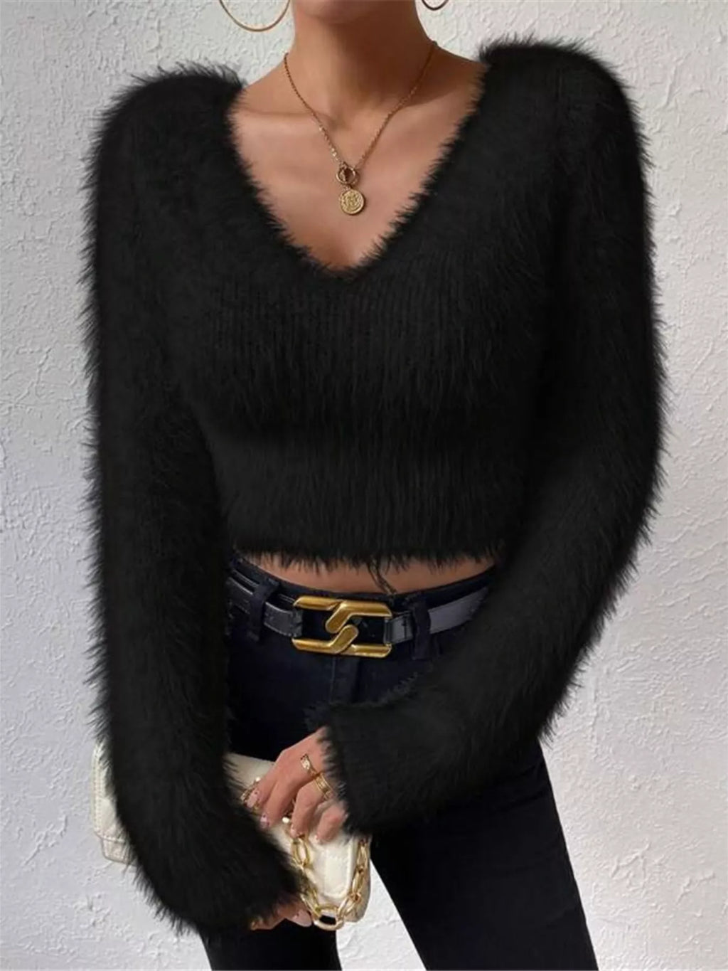 Fluffy Knit V-neck Sweater (15)