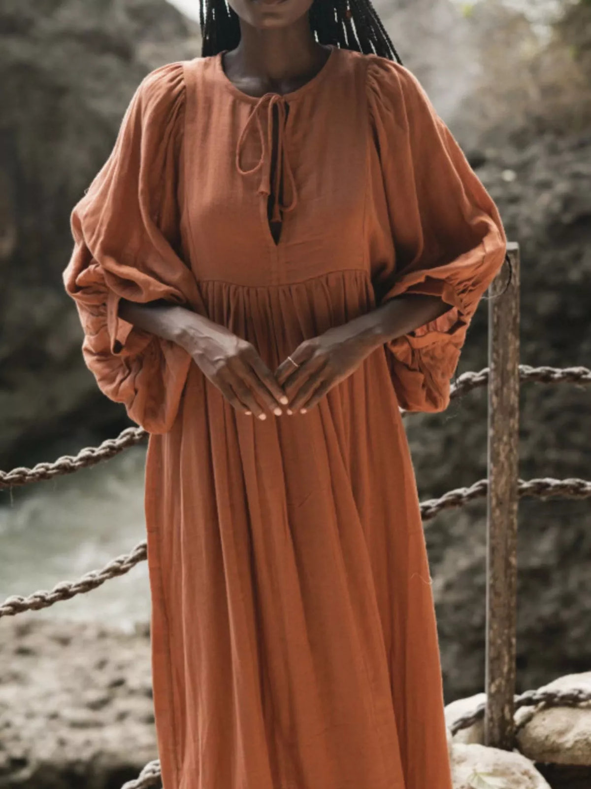 Tie Neck 3/4 Sleeve Midi Dress (8)