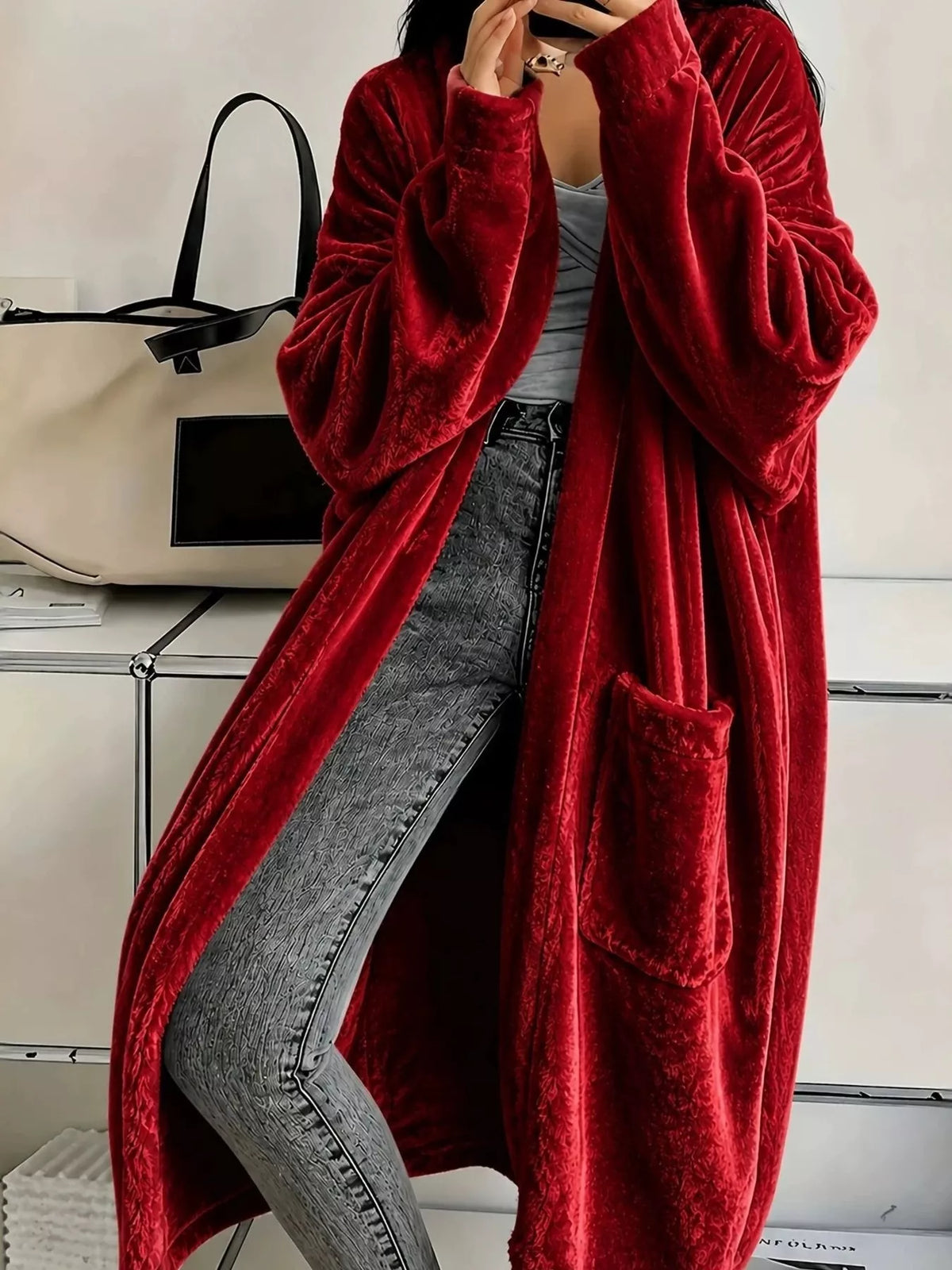 Full Size Velvet Open-front Longline Outerwear Plus (9)