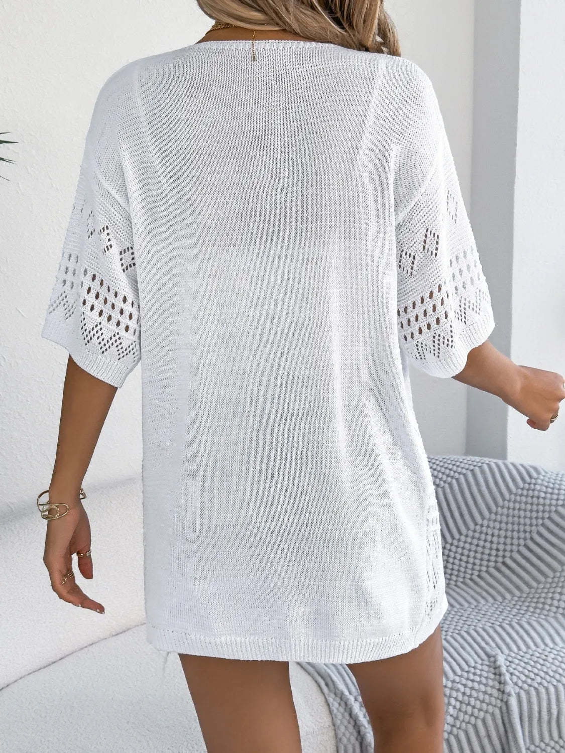 Openwork Open Front Half Sleeve Cardigan (8)