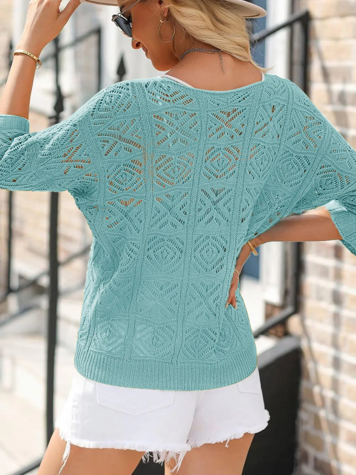 Openwork 3/4 Sleeve Knit Cover Up (5)