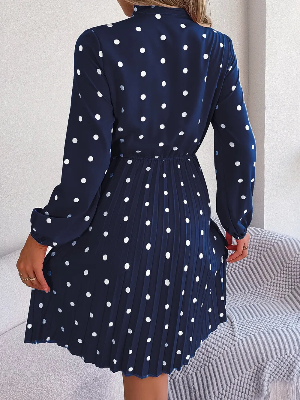 Polka Dot Tie Neck Pleated Dress (8)