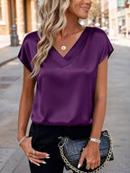 Satin V-neck Short Sleeve Blouse (19)