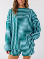 Casual Striped Long Sleeve Top Shorts Set (2)