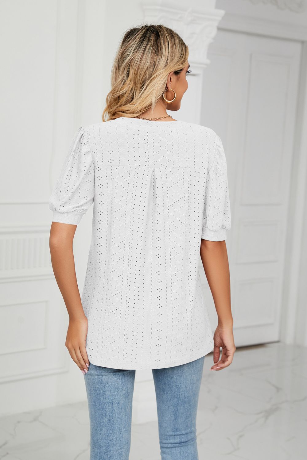 Eyelet Short Puff Sleeve Notched Neck Top (7)