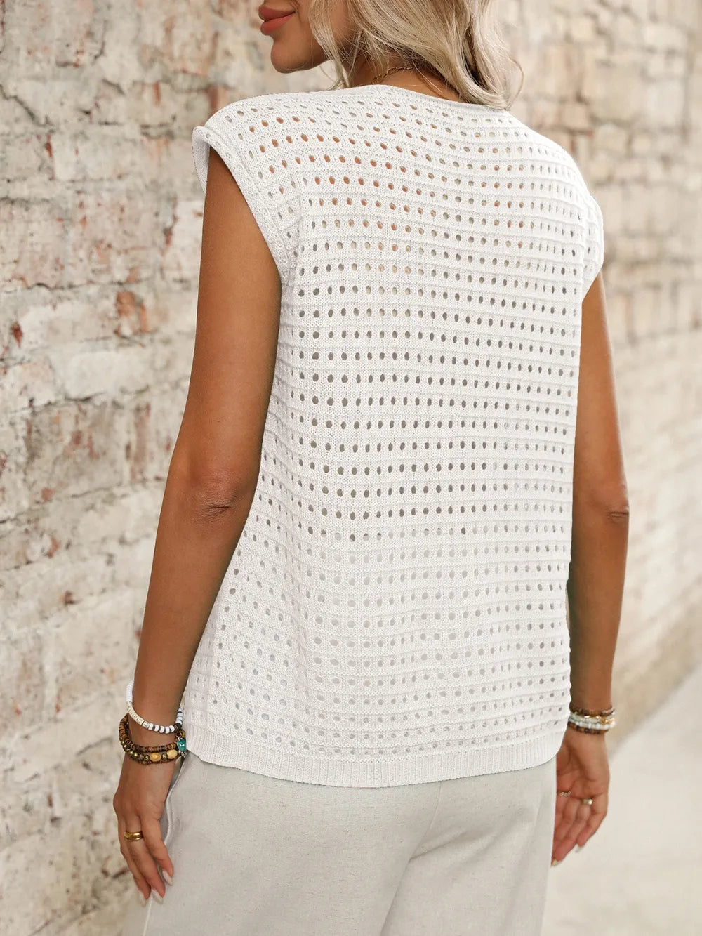 Tied Front Openwork V-neck Knit Top (21)