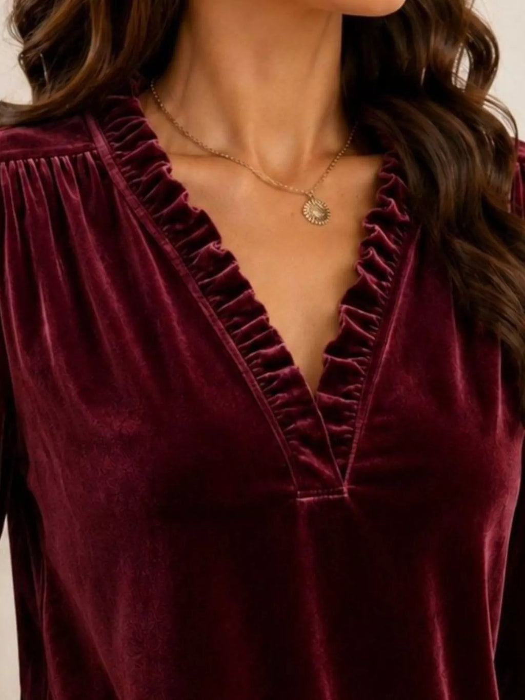 V-neck Ruffle Trim Velvet Blouse (11)