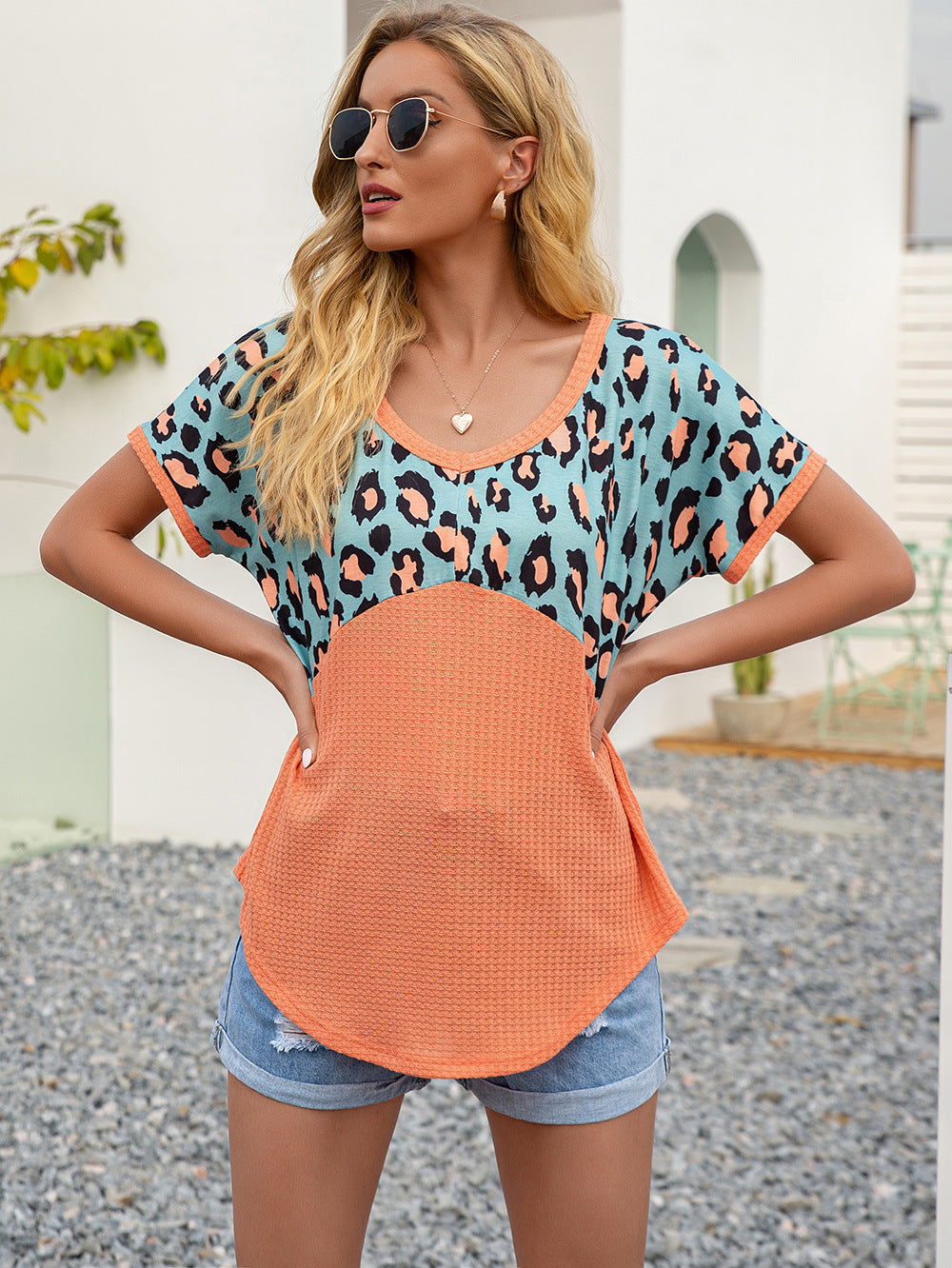 Leopard Waffle-knit Short Sleeve Top (4)