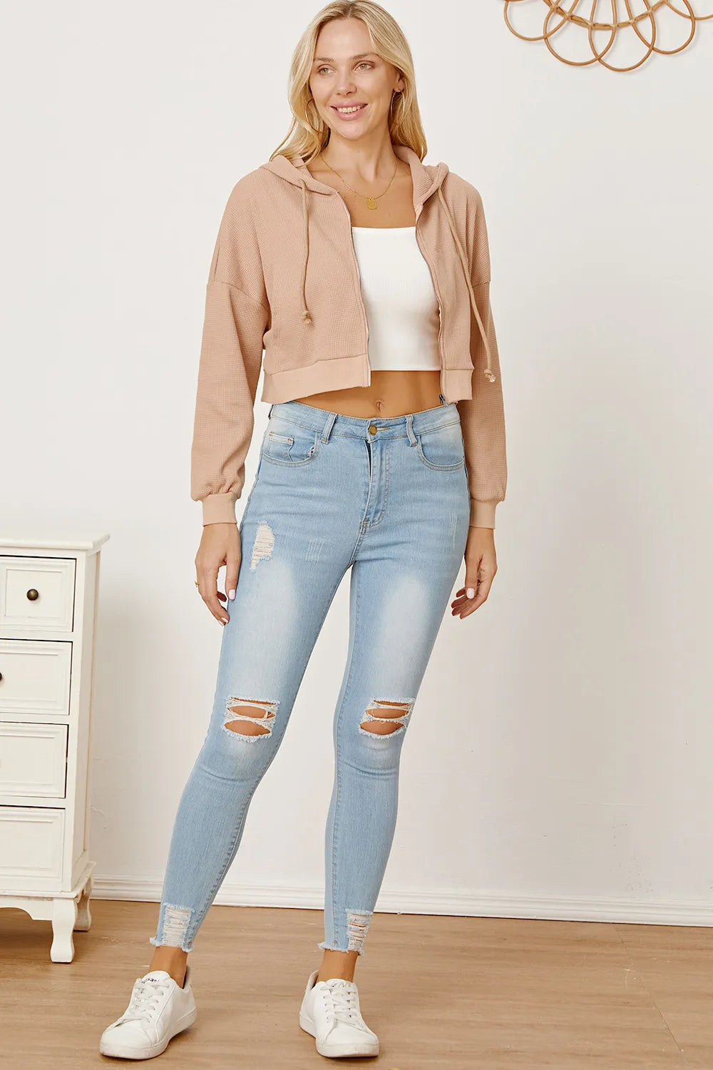 Waffle-knit Drawstring Zip Up Hoodie (8)
