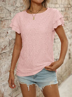 Eyelet Round Neck Double Layered Ruffled Short Sleeve Top (9)