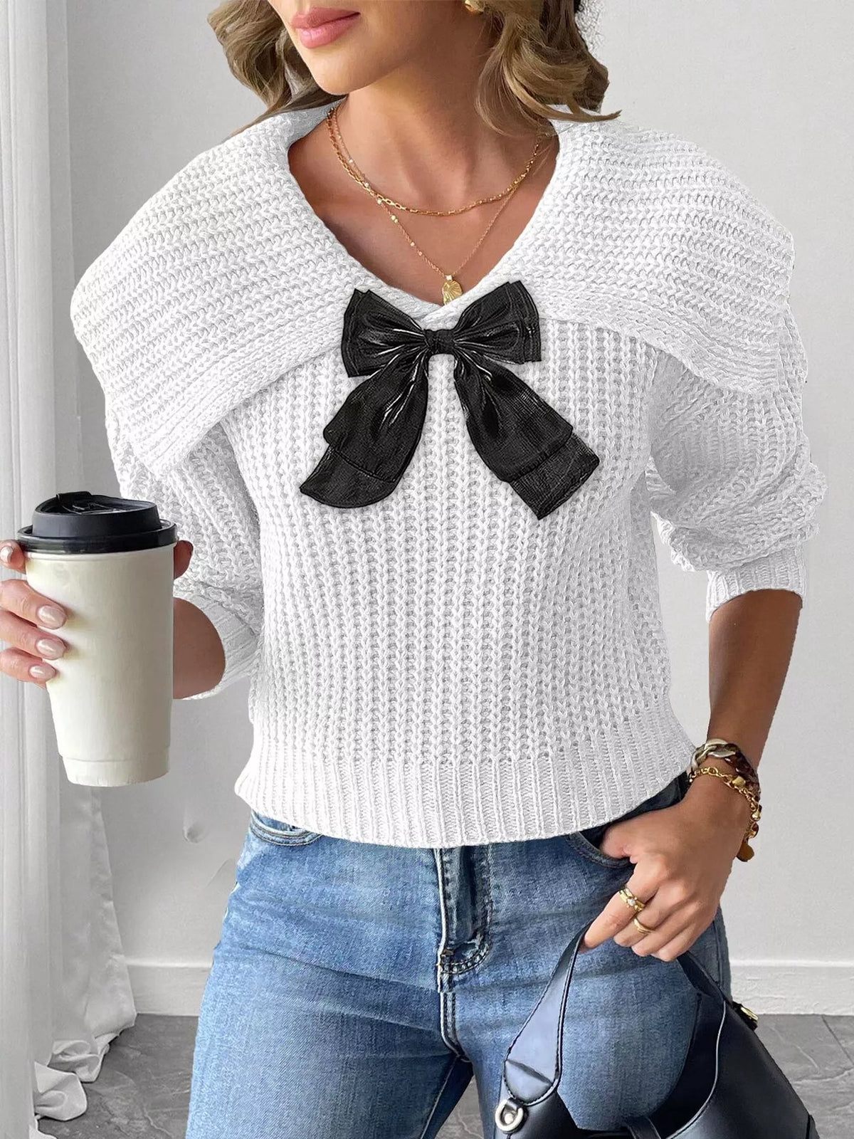 Contrast Bow Long Sleeve Sweater (3)
