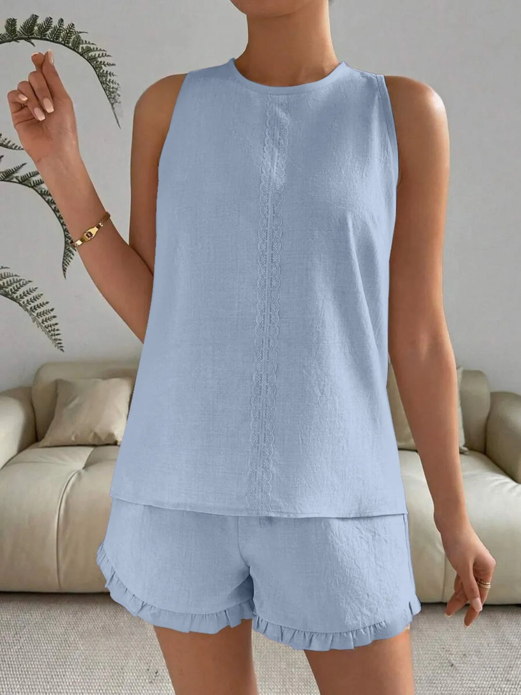 Lace Detail Round Neck Tank Shorts Set (10)