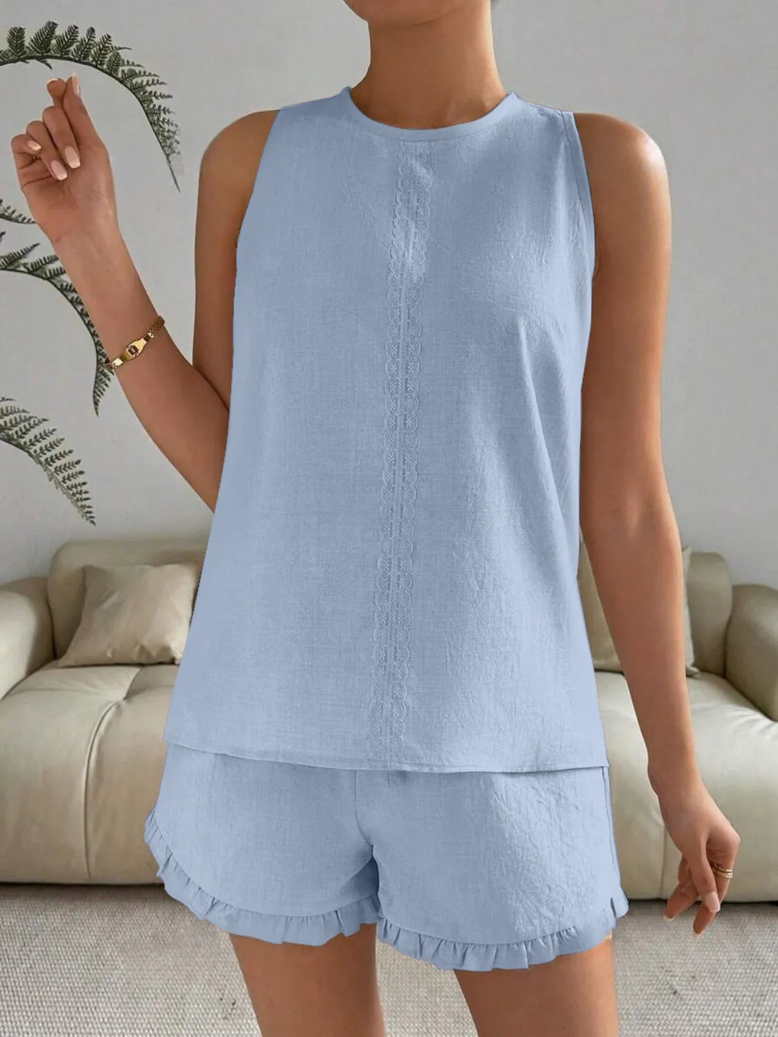 Lace Detail Round Neck Tank Shorts Set (10)