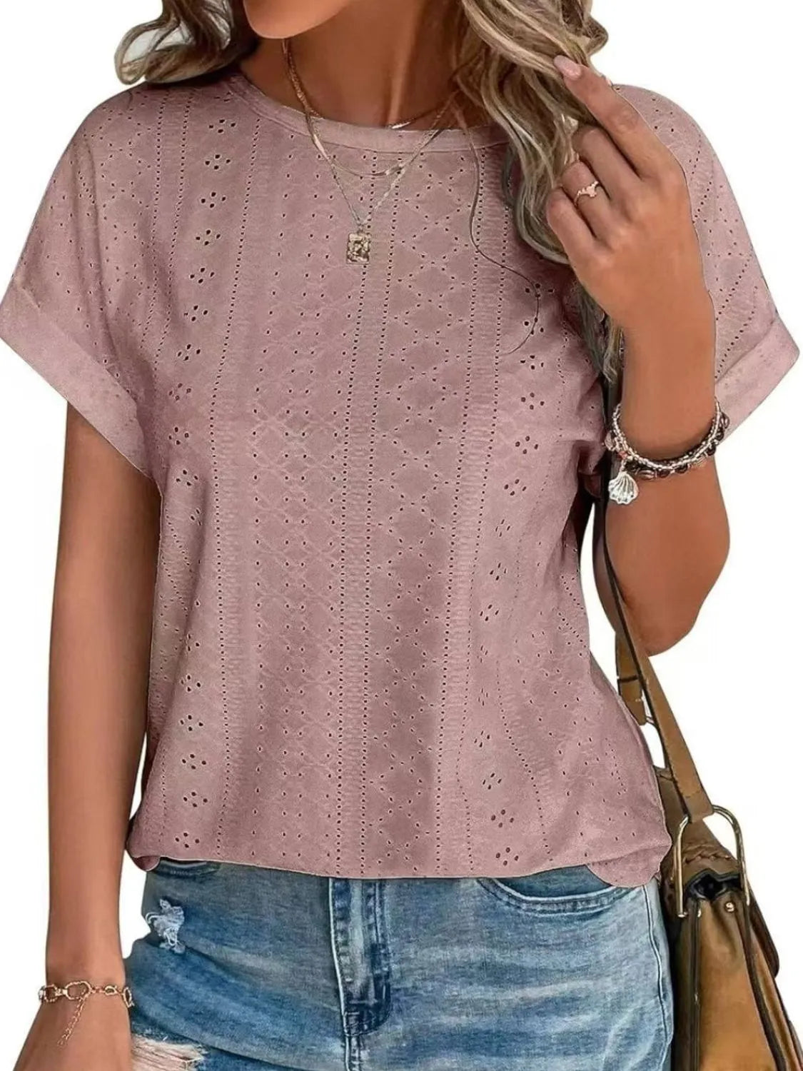 Eyelet Round Neck Short Sleeve Top (18)