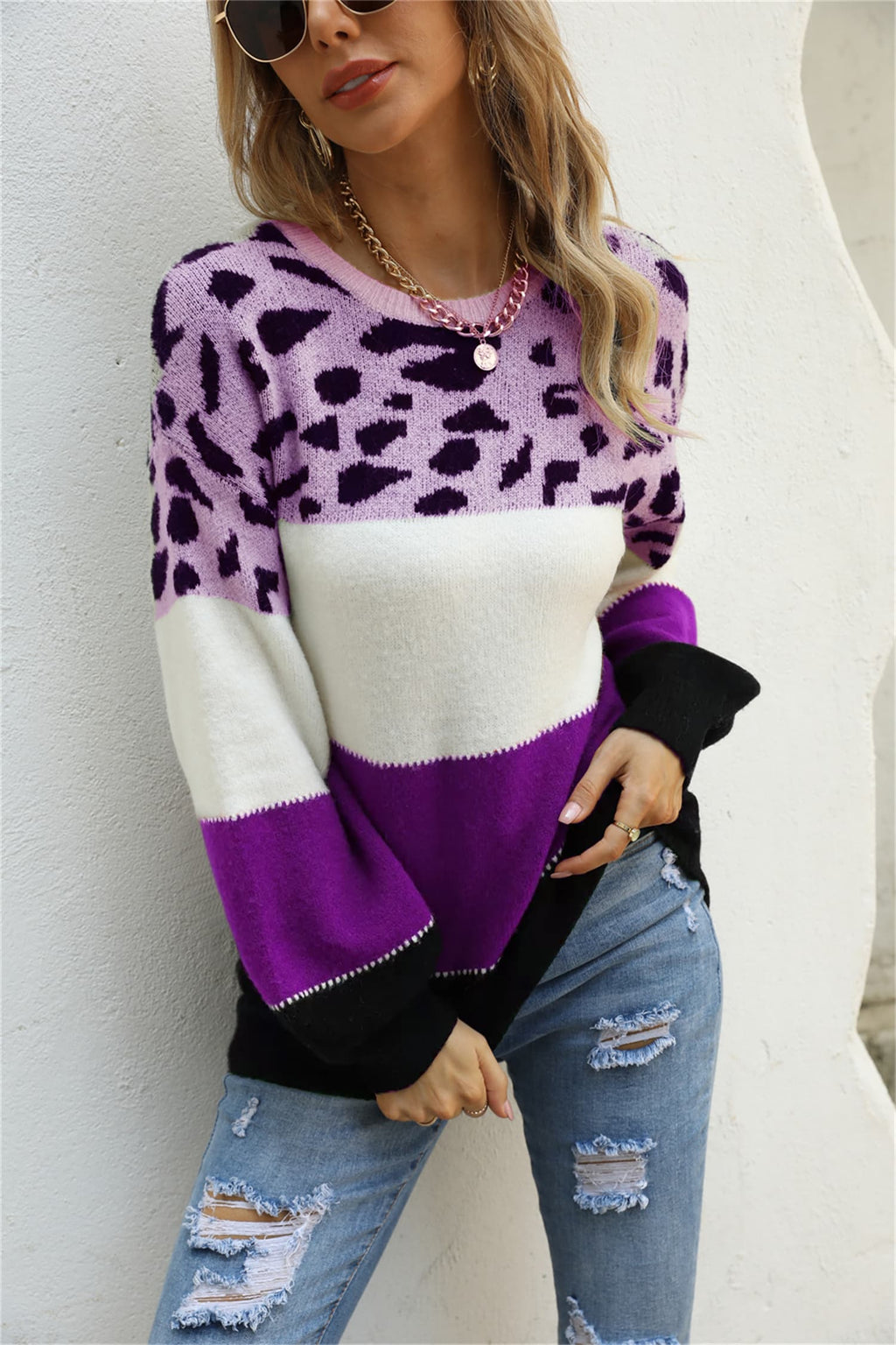 Block Round Neck Lantern Sleeve Sweater (6)