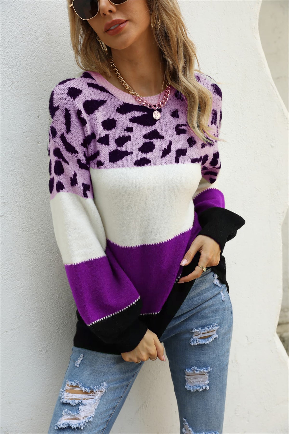 Block Round Neck Lantern Sleeve Sweater (6)