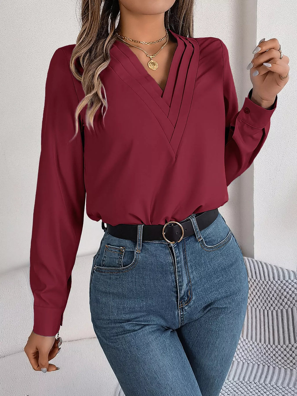 Layered V-neck Long Sleeve Blouse (28)