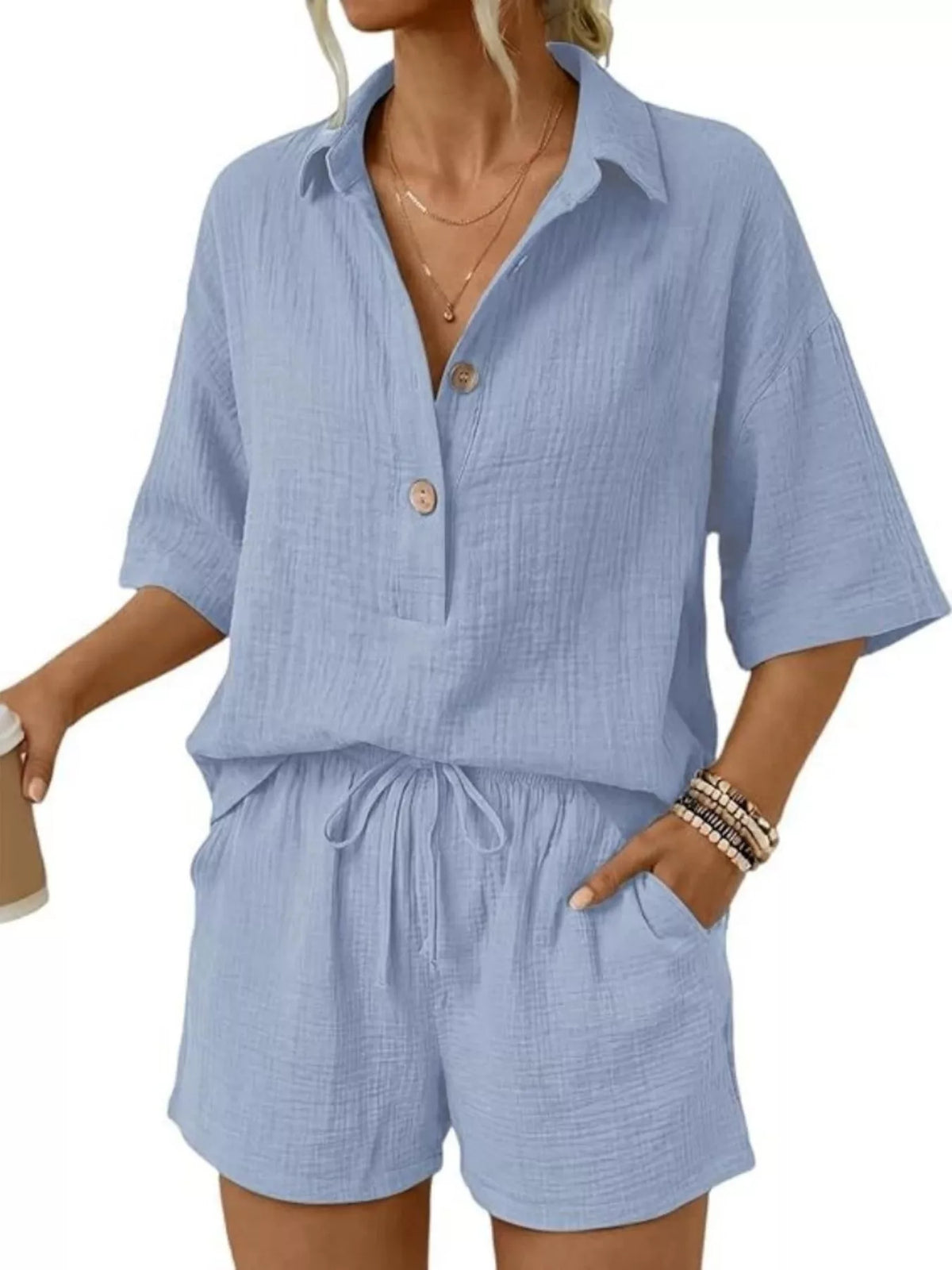 Linen Button Front Short Sleeve Top Shorts Set (5)