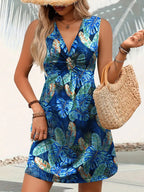 Tropical Print V-neck Sleeveless Summer Dress