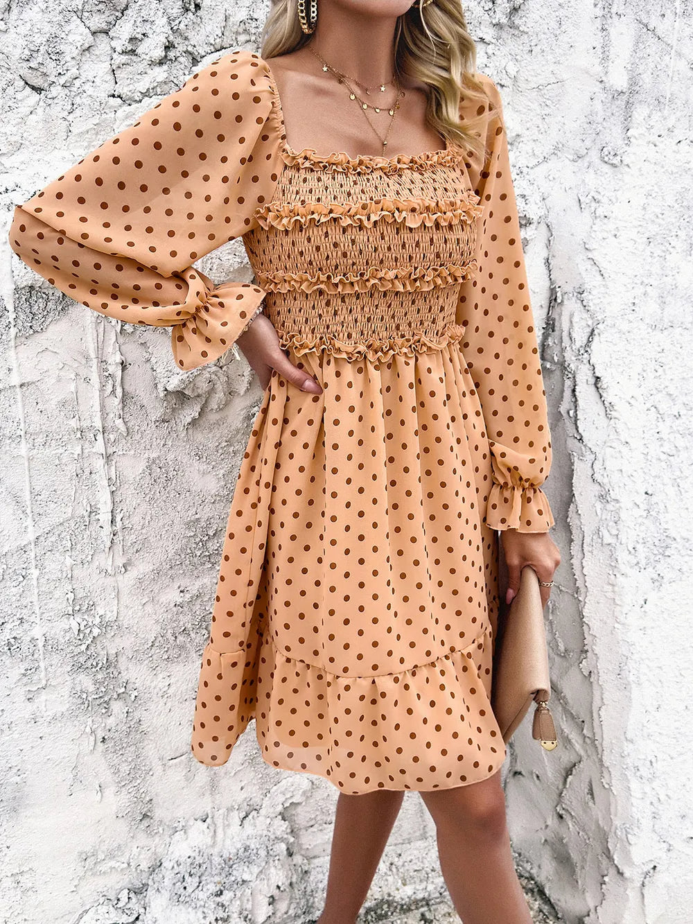 Smocked Polka Dot Long Sleeve Dress (9)