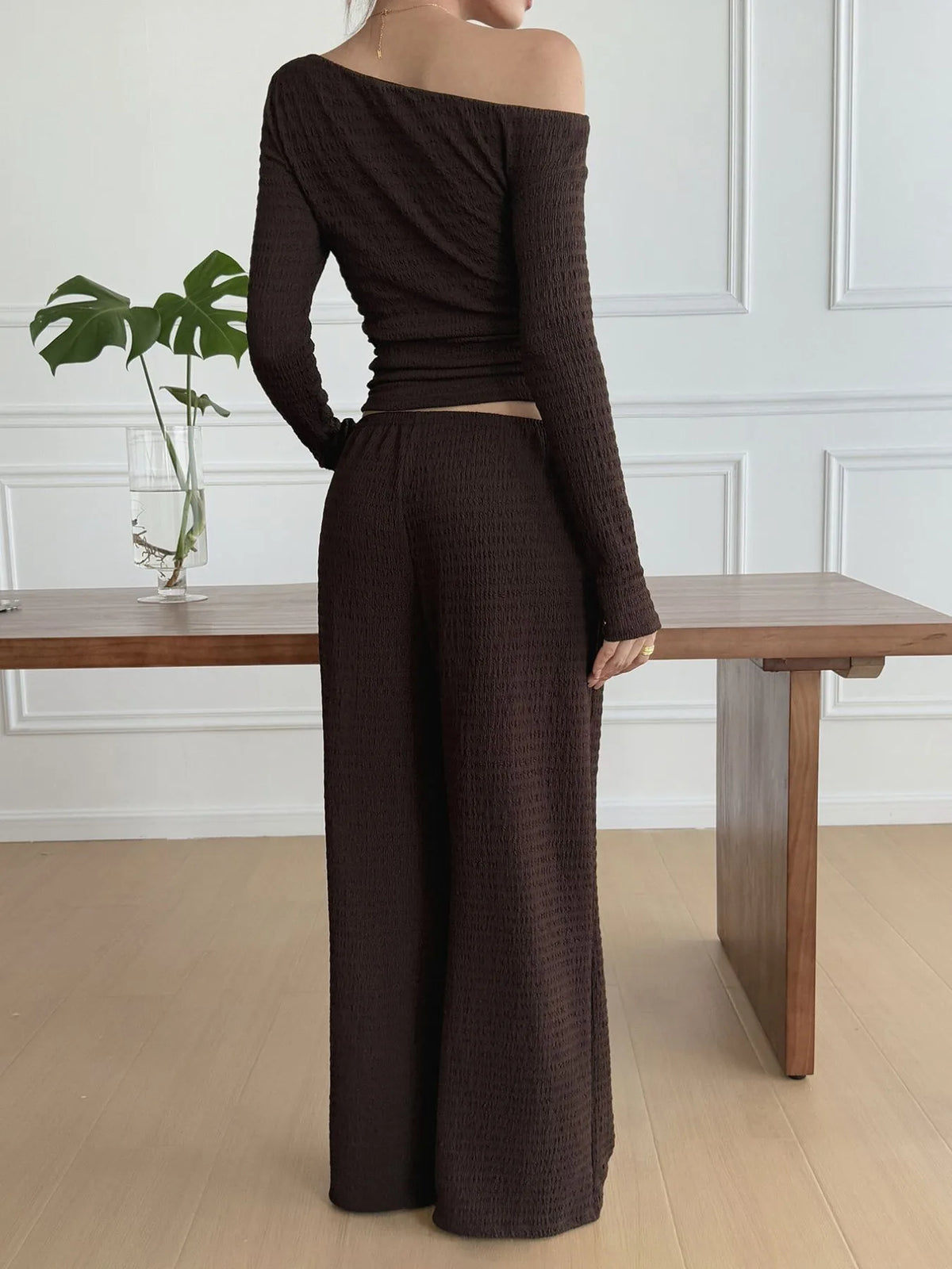 One Shoulder Long Sleeve Top Pants Set (15)