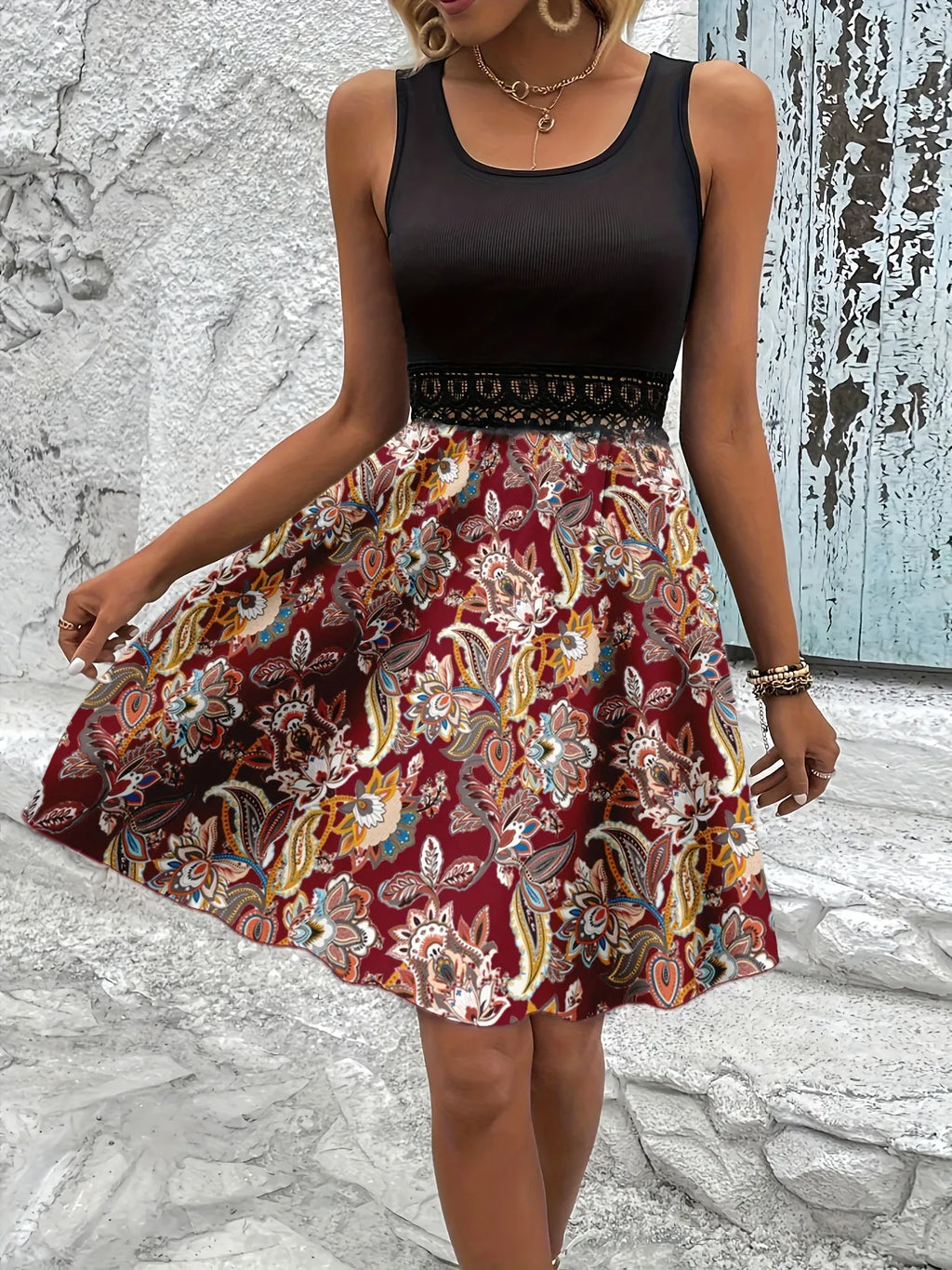 Printed A-line Tank Dress Lace Waist Detail