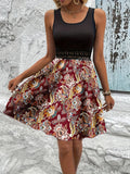Printed A-line Tank Dress Lace Waist Detail