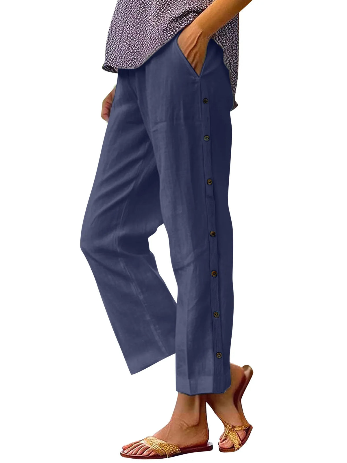 Full Size Side Decor Button Casual Wide Leg Pants Plus (9)