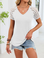 Lace Sleeve V-neck Waffle Knit T-shirt (27)