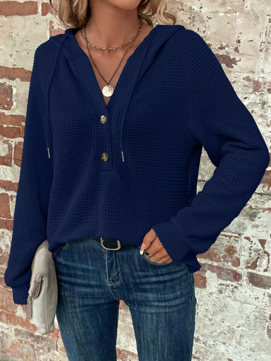 Waffle Knit Button Detail Hoodie (11)
