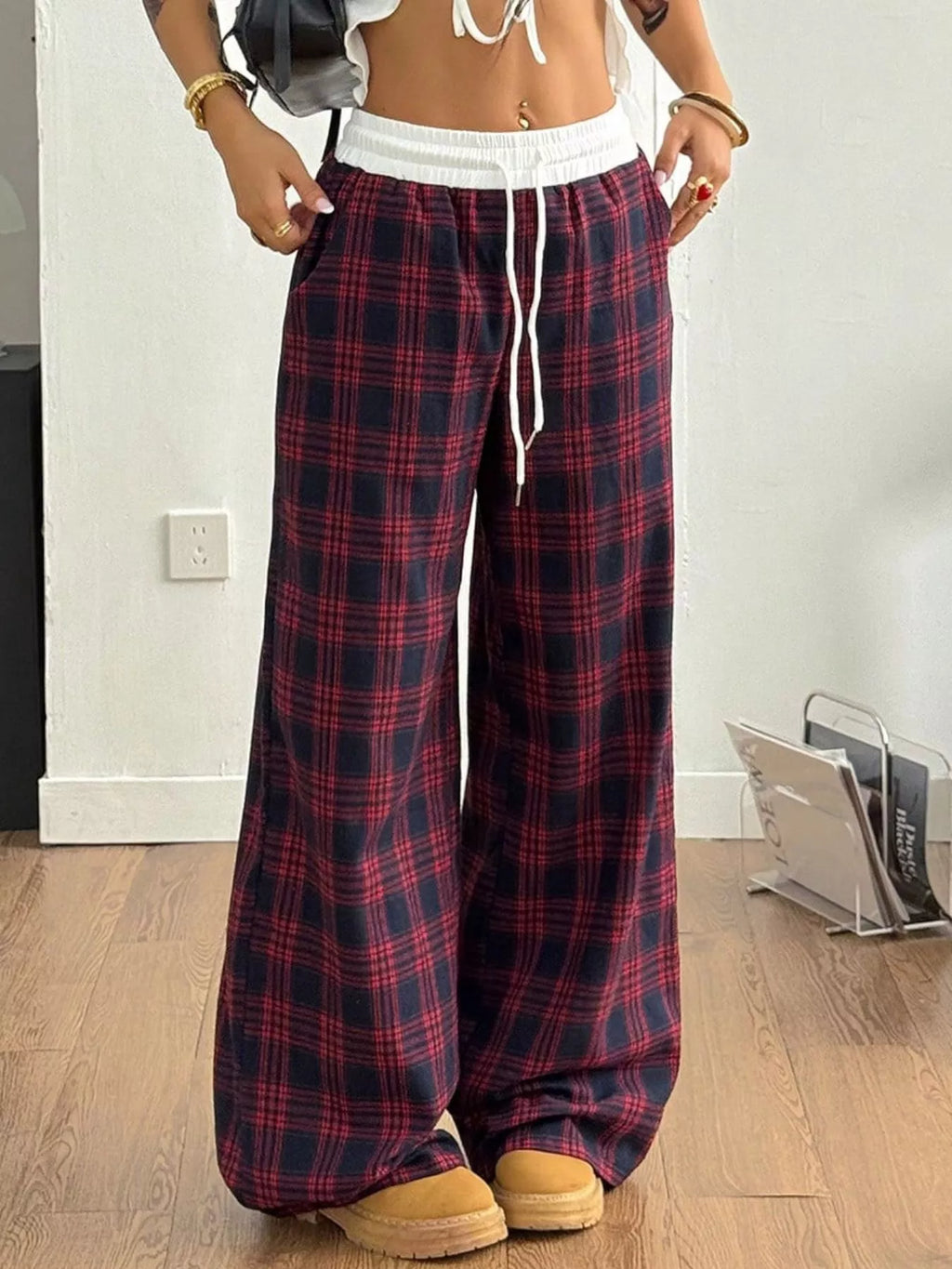 Plaid Wide-leg Pants Elastic Waistband (9)