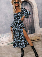 Floral Print Square Neck Flounce Sleeve Dress Side Slit (11)
