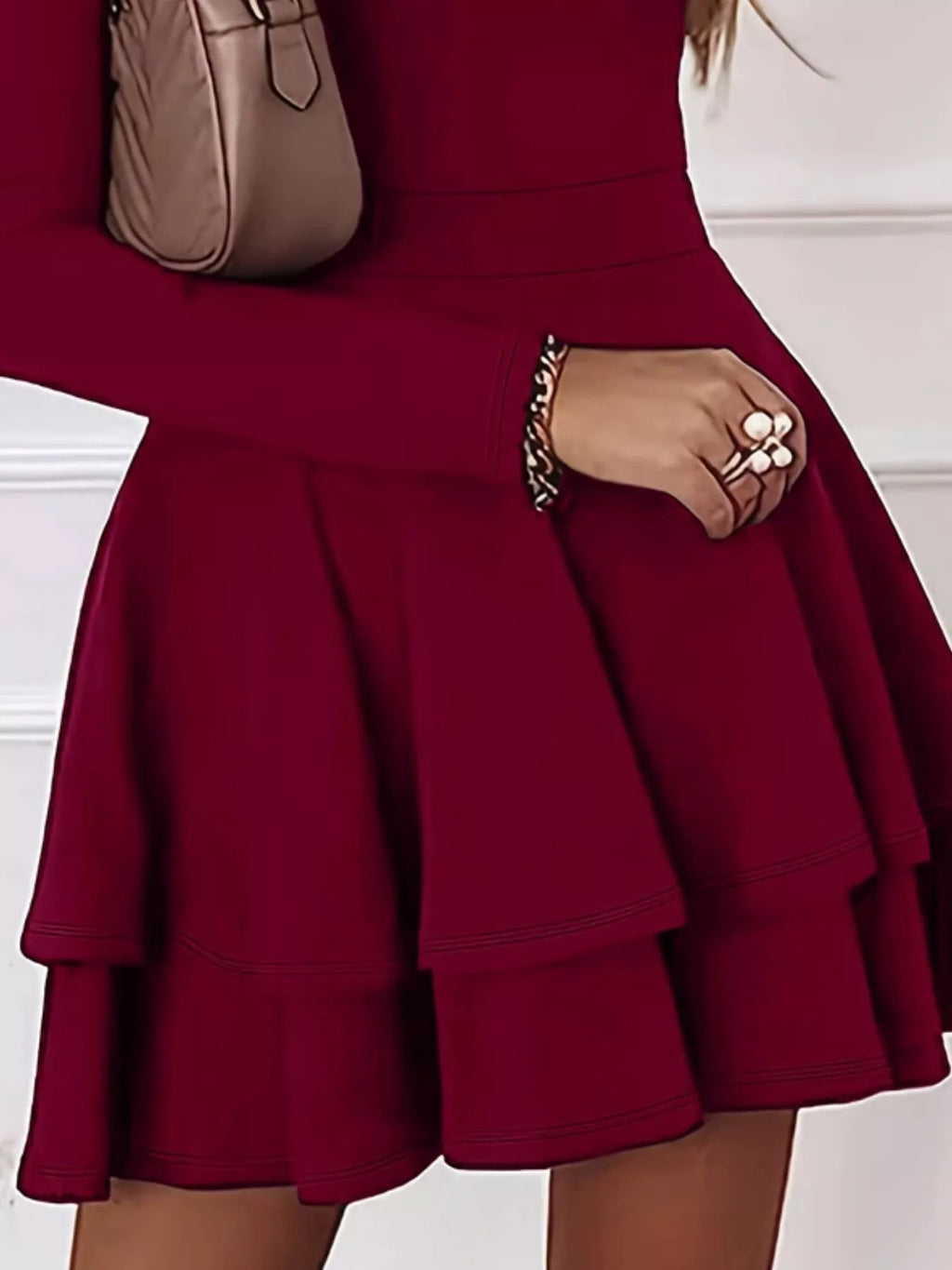 V-neck Long Sleeve Layered Ruffle Mini Dress (6)