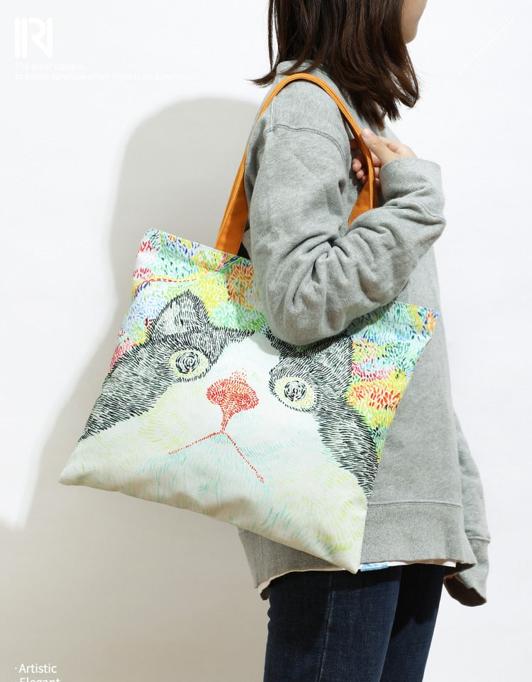 Cat Illustration Shoulder Bag Large Capacity Canvas photo 9