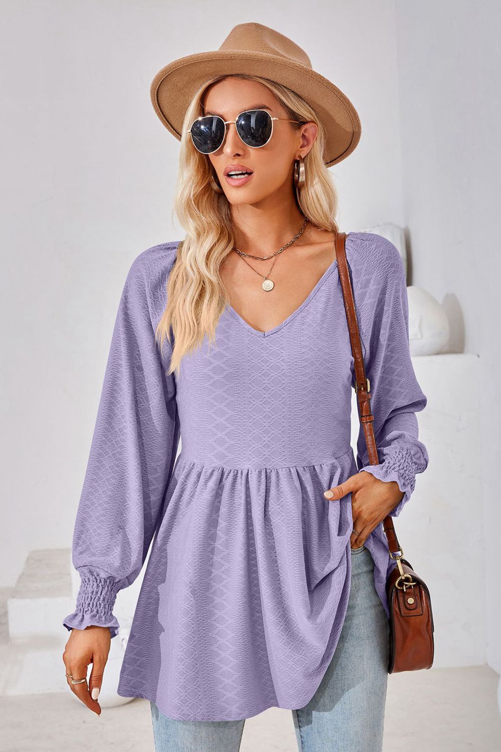 V-neck Lantern Sleeve Blouse