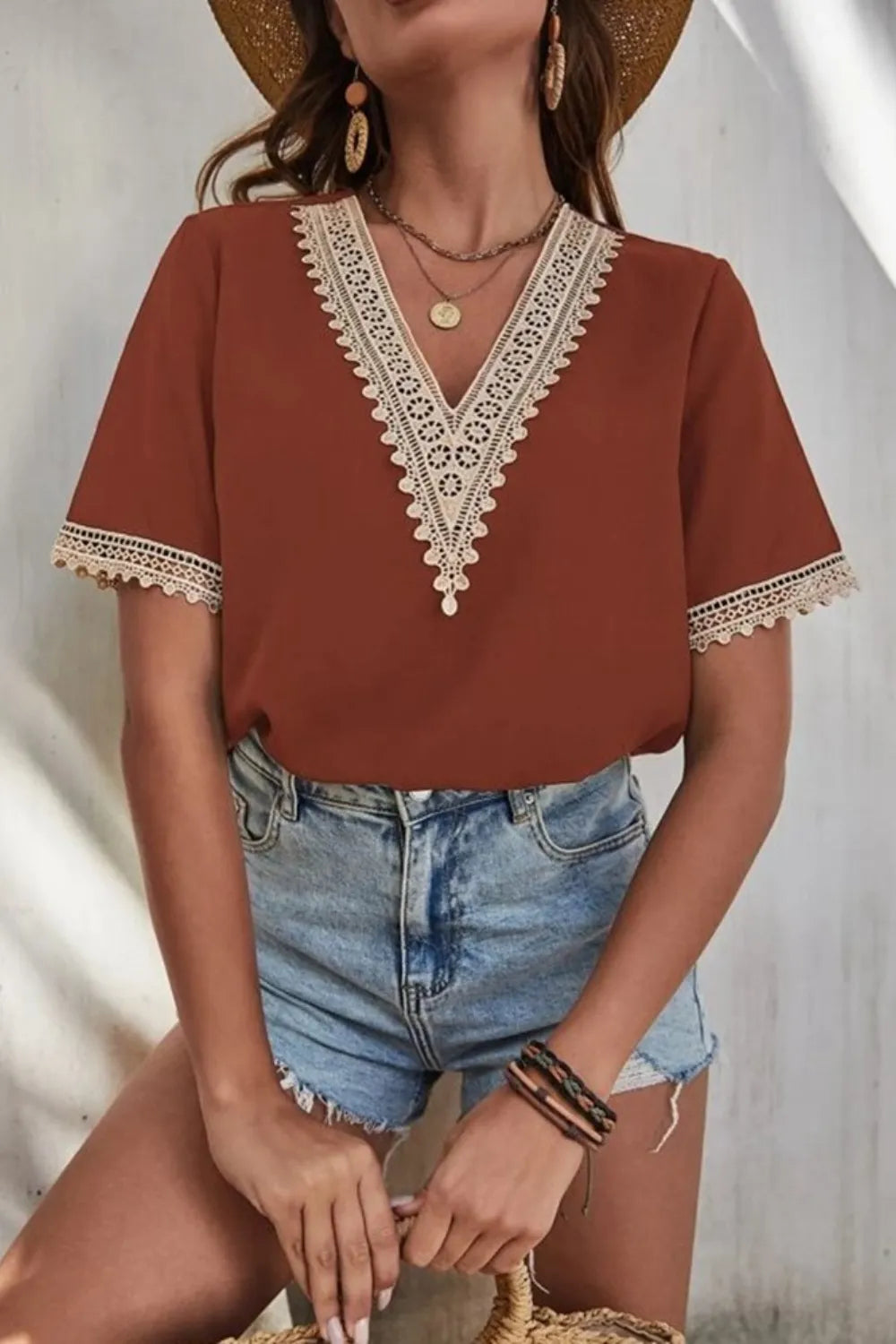 Full Size Lace Detail V-neck Short Sleeve Blouse Plus (2)
