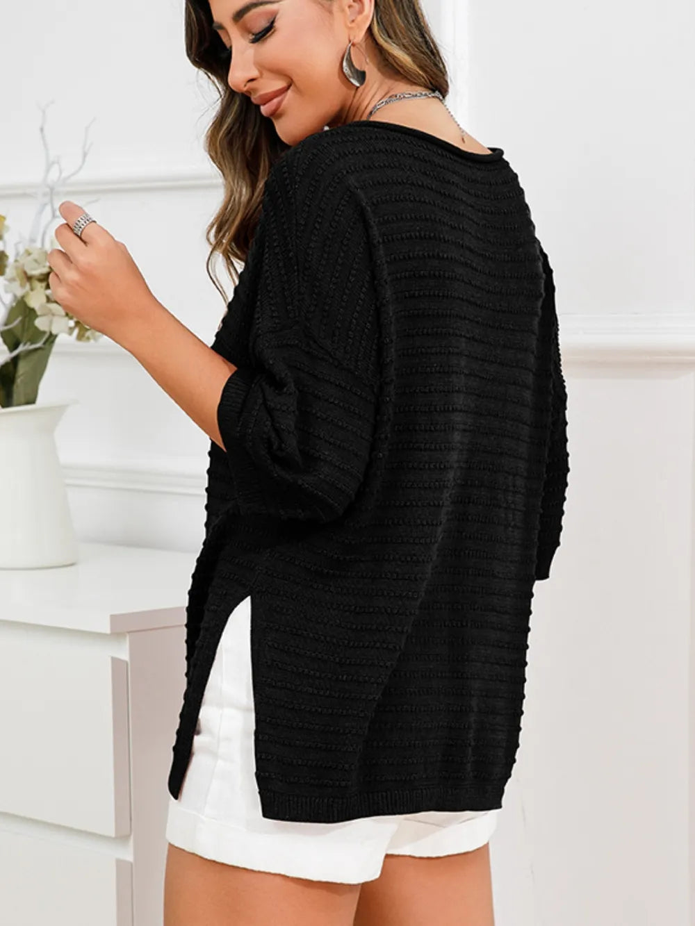 Rolled Round Neck Dropped Shoulder Slit Sweater (7)
