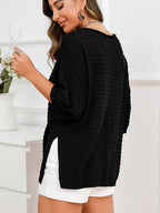 Rolled Round Neck Dropped Shoulder Slit Sweater (7)