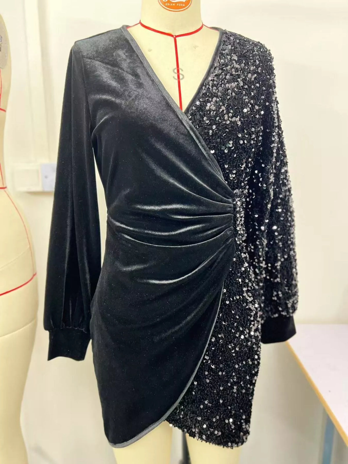 Velvet Sequin Long Sleeve Wrap Dress (4)