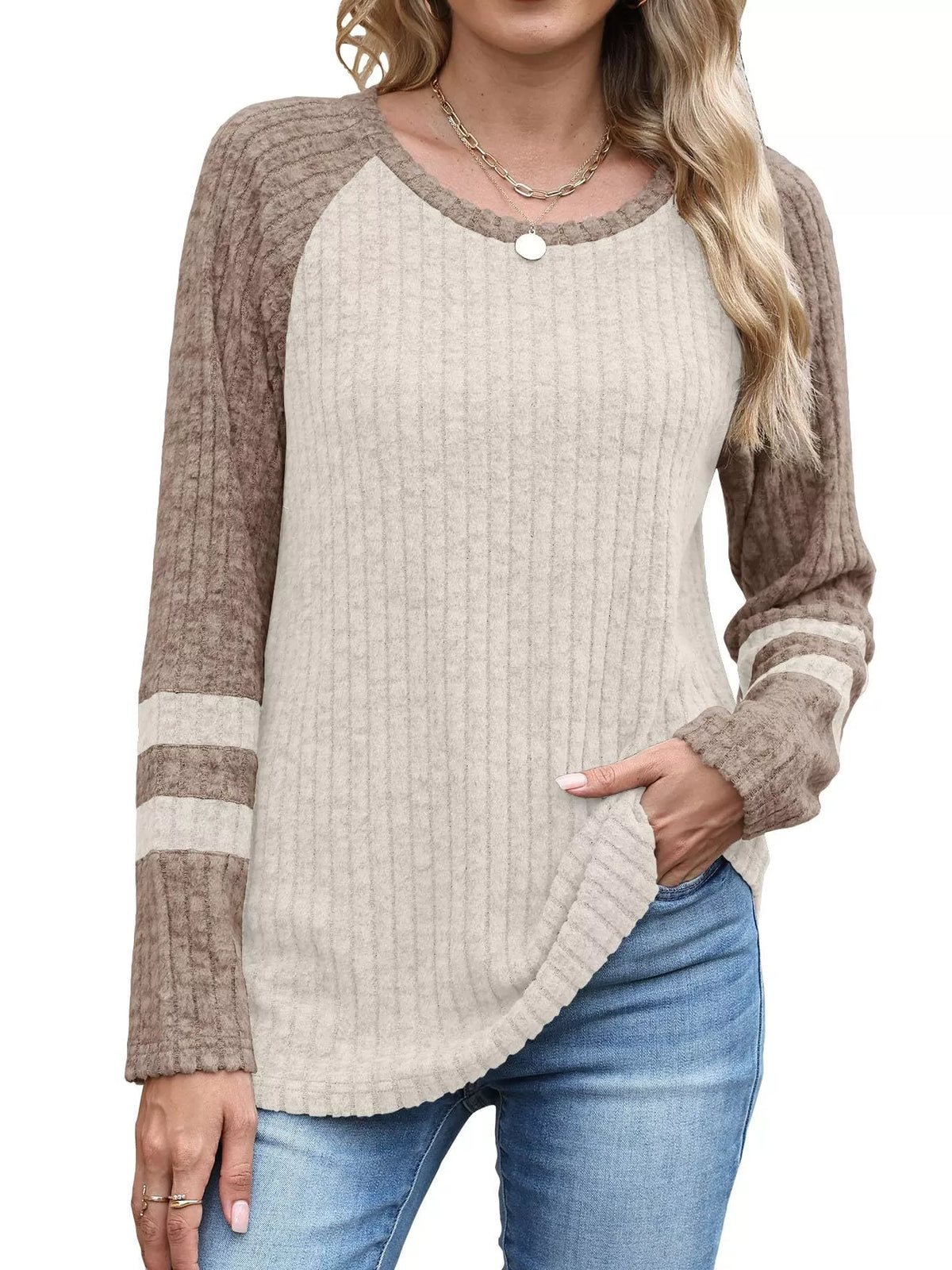 Ribbed Round Neck Raglan Sleeve Top (17)
