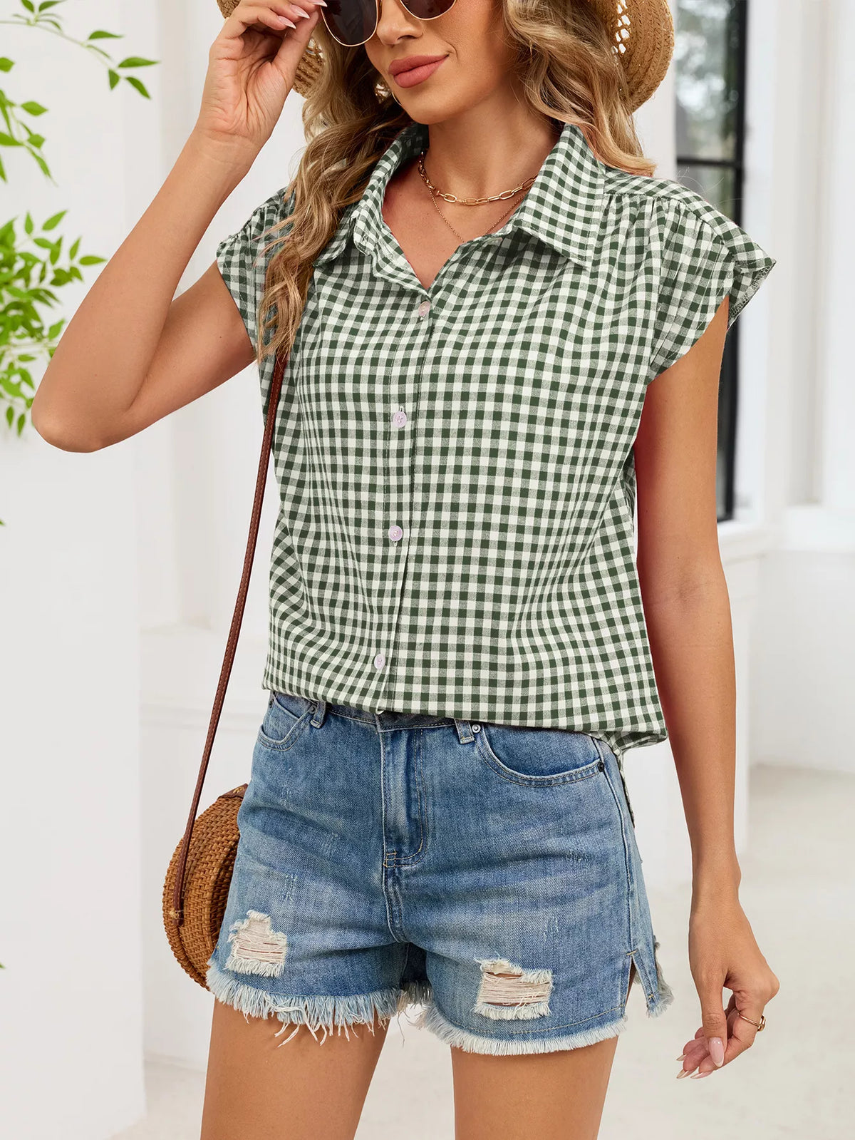 Plaid Button Up Cap Sleeve Shirt (27)
