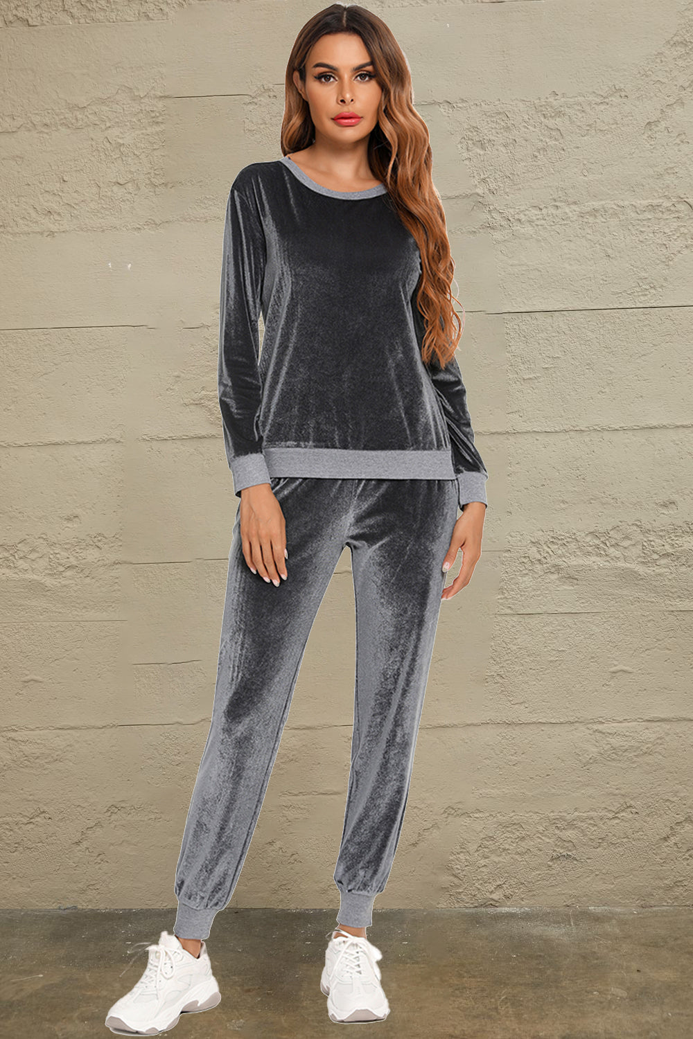 Round Neck Long Sleeve Loungewear Set Pockets