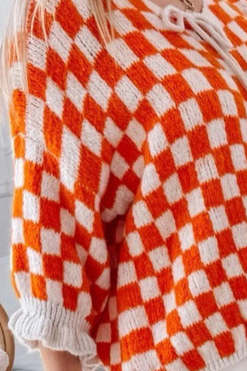 Tied Checkered Dropped Shoulder Flounce Sleeve Cardigan (15)