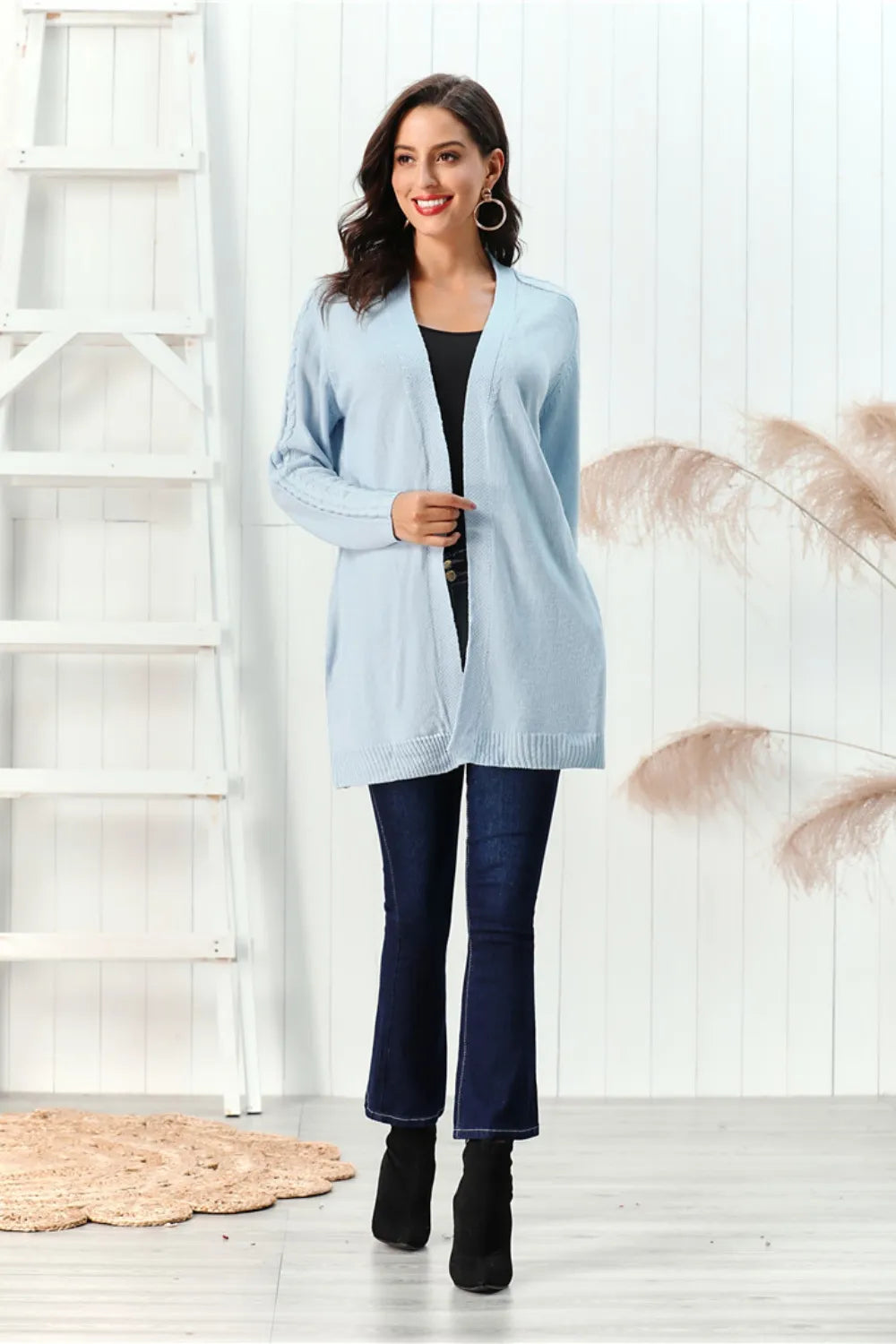 Cable-knit Open Front Long Sleeve Cardigan (18)