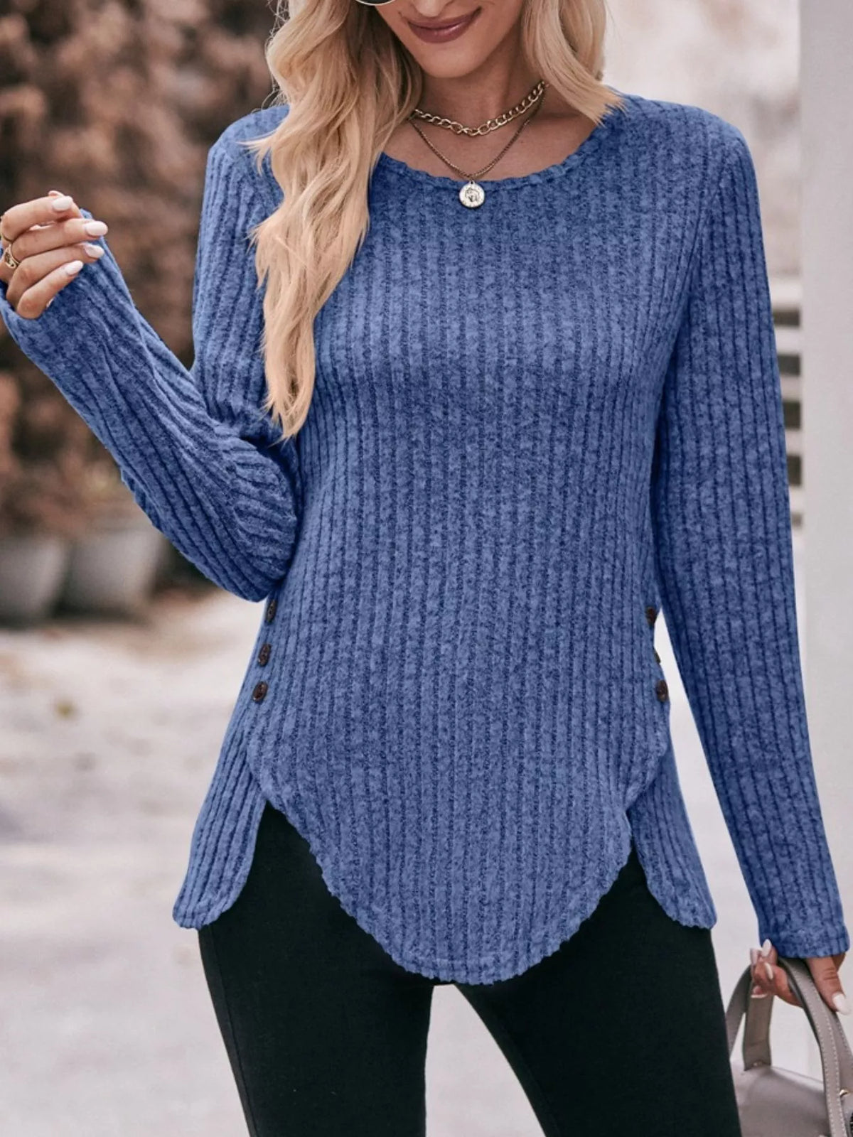 Ribbed Knit Long Sleeve T-shirt (6)
