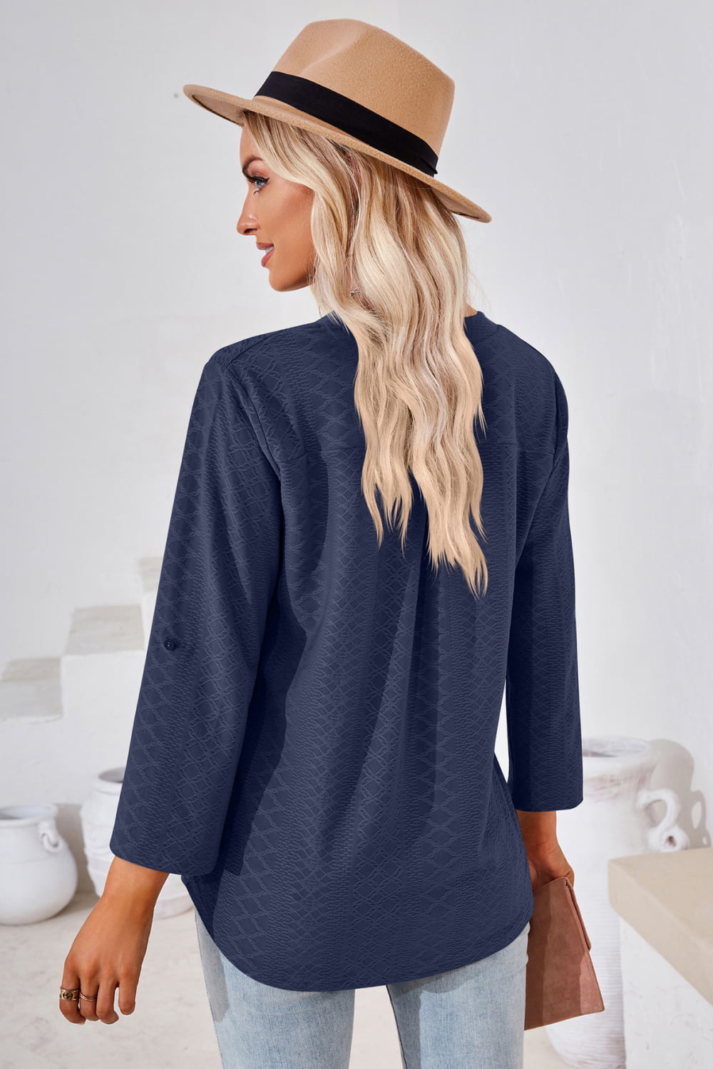 V-neck Roll-tap Sleeve Blouse (11)