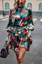 Printed Tie Waist Mock Neck Lantern Sleeve Dress (8)