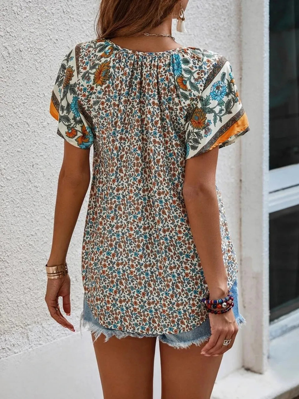 Printed Tie Neck Short Sleeve Blouse (9)