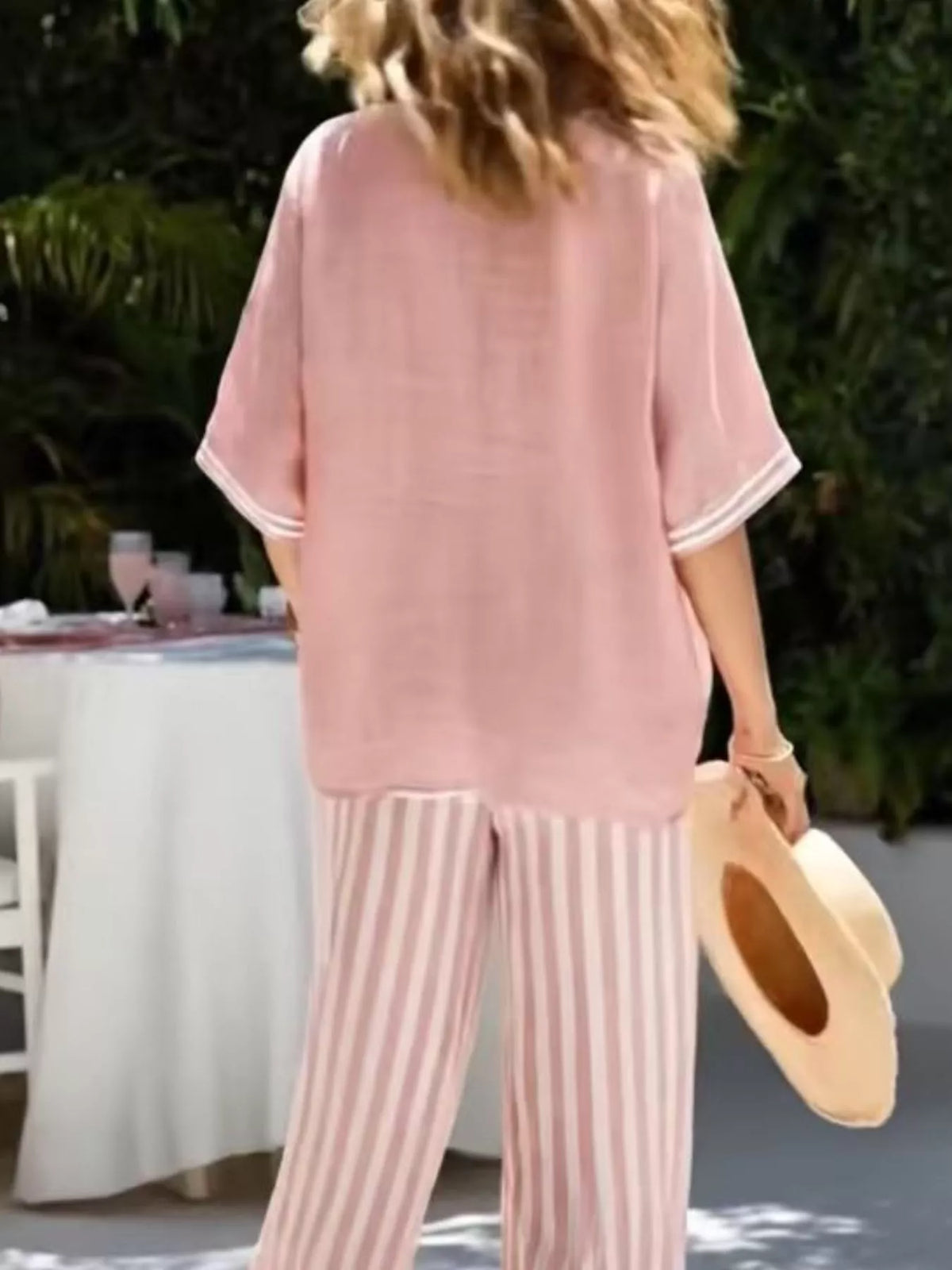 Full Size Striped V-neck Top Wide Leg Pants Set Plus (5)
